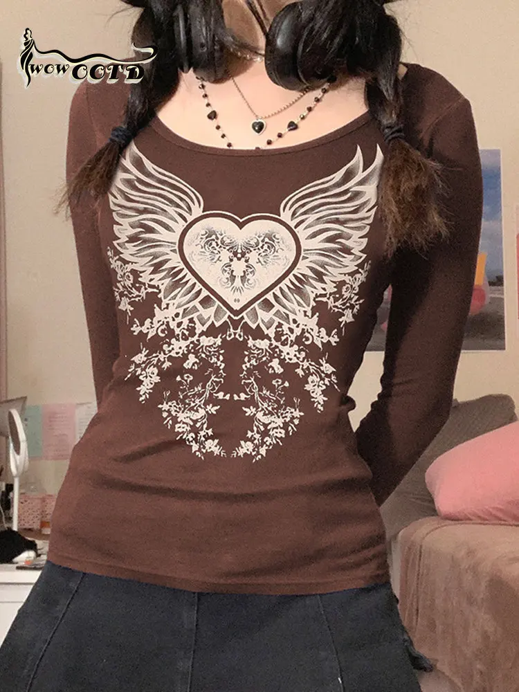 

WOWOOTD Vintage Graphic Print Y2K Tshirts Streetwear Retro Aesthetic Fairycore Kawaii Tops Tee Autumn Cotton Brown Clothes