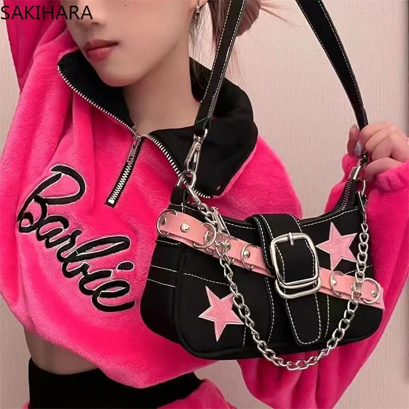 

2023 New Arrive Designer Pink Start Contrast Color Shoulder Bags Y2K Chains Japanese Sweet Vintage Large Capacity Crossbody Bags