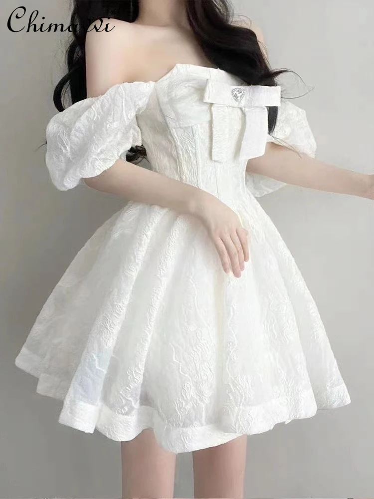 

French Socialite Elegance Retro Jacquard Heart Diamond Bow Puff Sleeve off-Shoulder White Birthday Party Mini Dress Women Summer