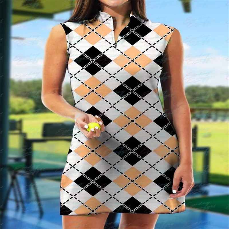 

Geometric plaid golf sleeveless printed sports dress Fashion fitness dress Sports casual printed breathable quick drying dres