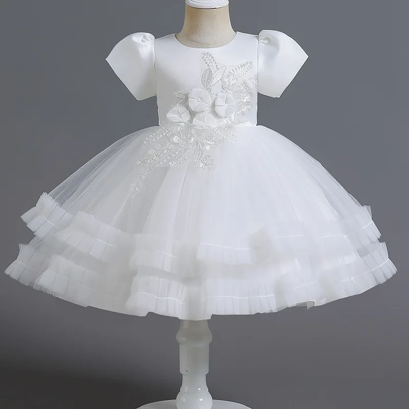 

Elegant Solid Princess Dress Baby Girls Embroidery Flowers Dresses With Puff Sleeve Tulle Bow Kids Costume For Party And Wedding