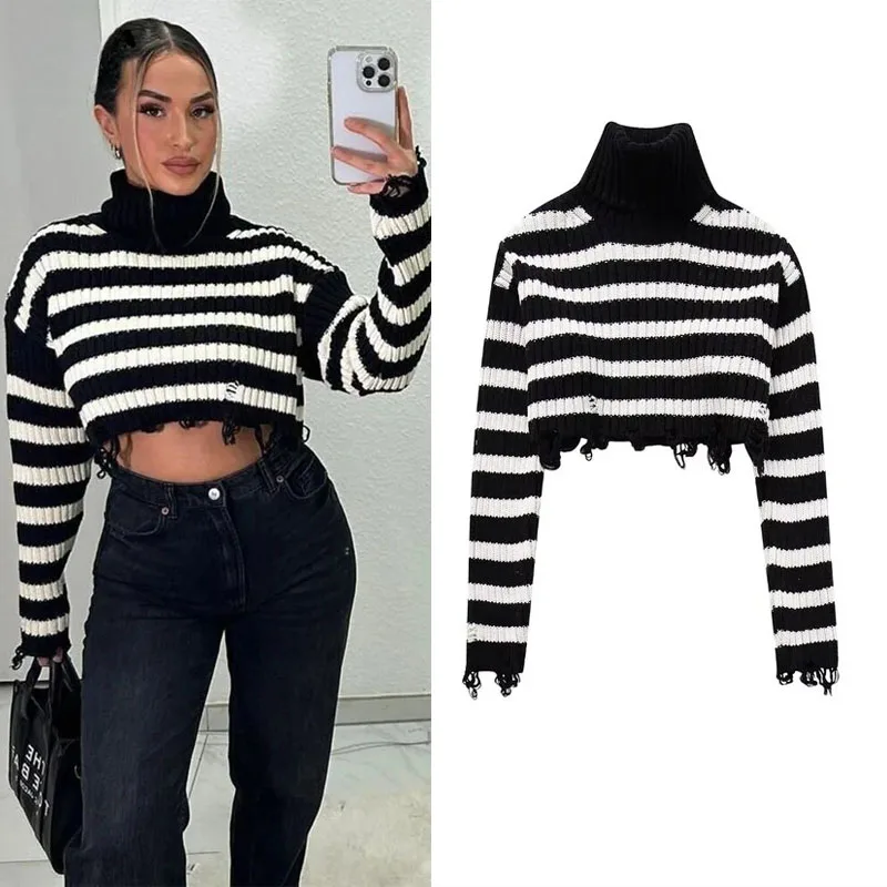 

TRAF Female Striped Crop Knit Sweater 2023 Autumn Winter Chic Frayed Hem Knitwears Women Vintage Turtleneck Slim Sweater Y2k Top