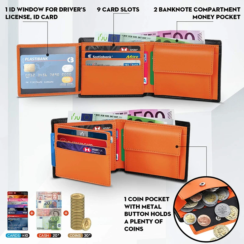 Wallets Mens Slim RFID Blocking Genuine Leather with Coin Pocket  2 Banknote Compartments 10 Credit Card Holders Wallet for Men 3