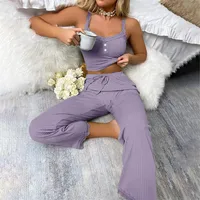 Nouvel ensemble de pyjama deux pièces pour femme avec bordure en dentelle de couleur unie, sexy, coupe ajustée, bretelles et pantalon, pyjama doux et confortable 2