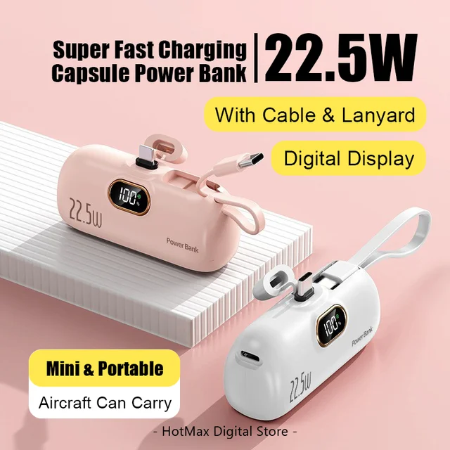 30000mAh Capsule Power Bank Fast Charging Portable Mobile Power Supply Emergency Mini External Battery For Type-C iPhone Android