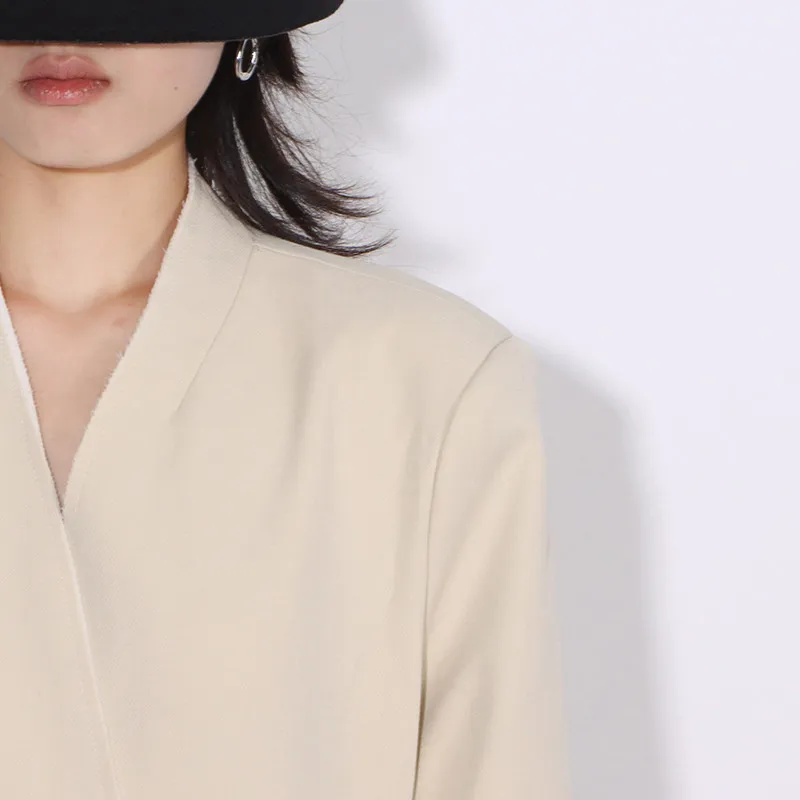 BPN Minimalist Solid Blazers For Women V Neck Long Sleeve Spliced Single Breasted Casual Temperament Long Blazer Female Fashion