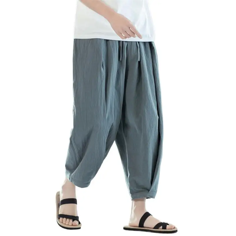 

Plus Size Man Cotton Linen Cropped Cross Pants 2023 Summer Male Casual Wide Leg Pants Ankle-Length Bloomers Trousers M-6XL 7XL