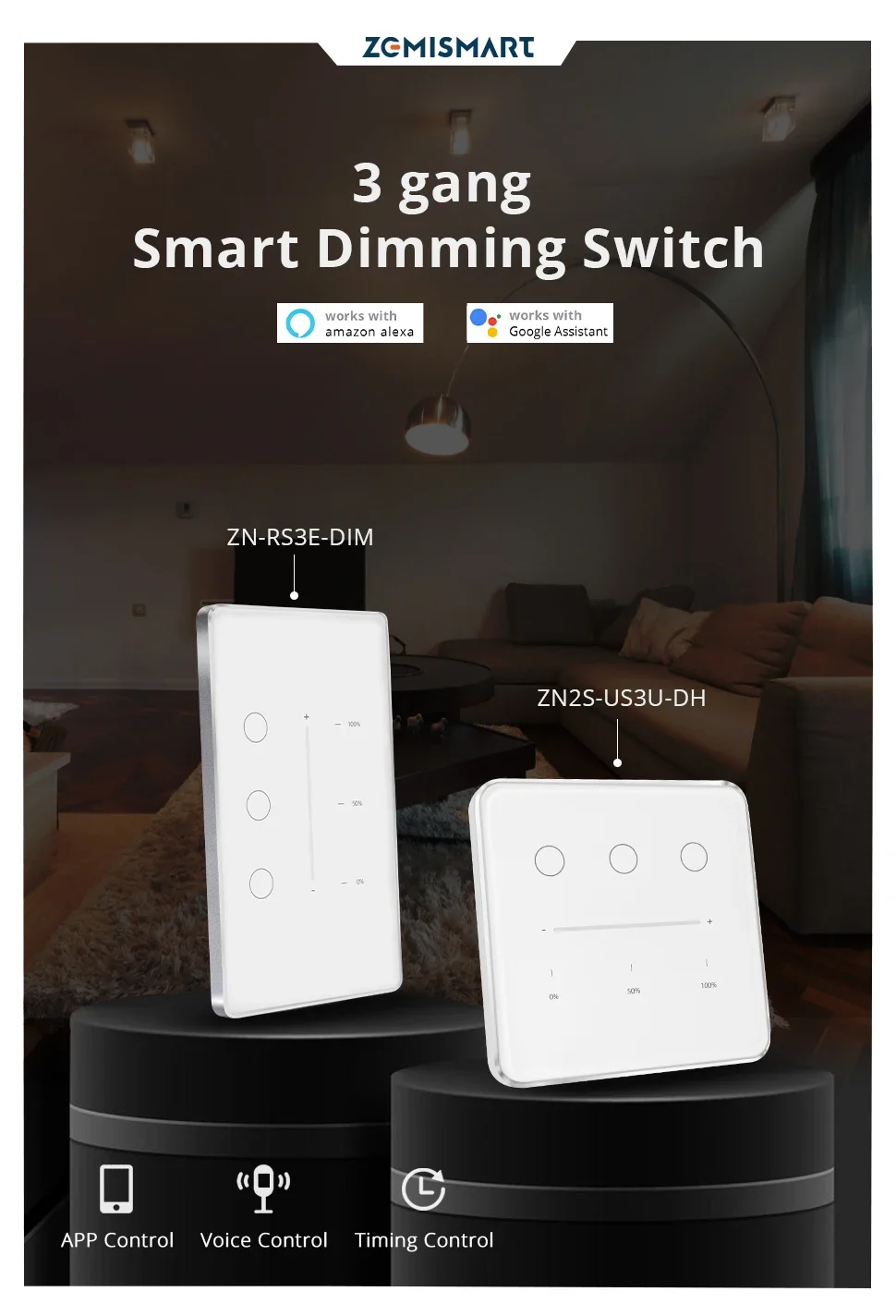 Zigbee Dimmer Switch 3 Gang Smart Wall Light Switch Touch Panel Percentage Adjus