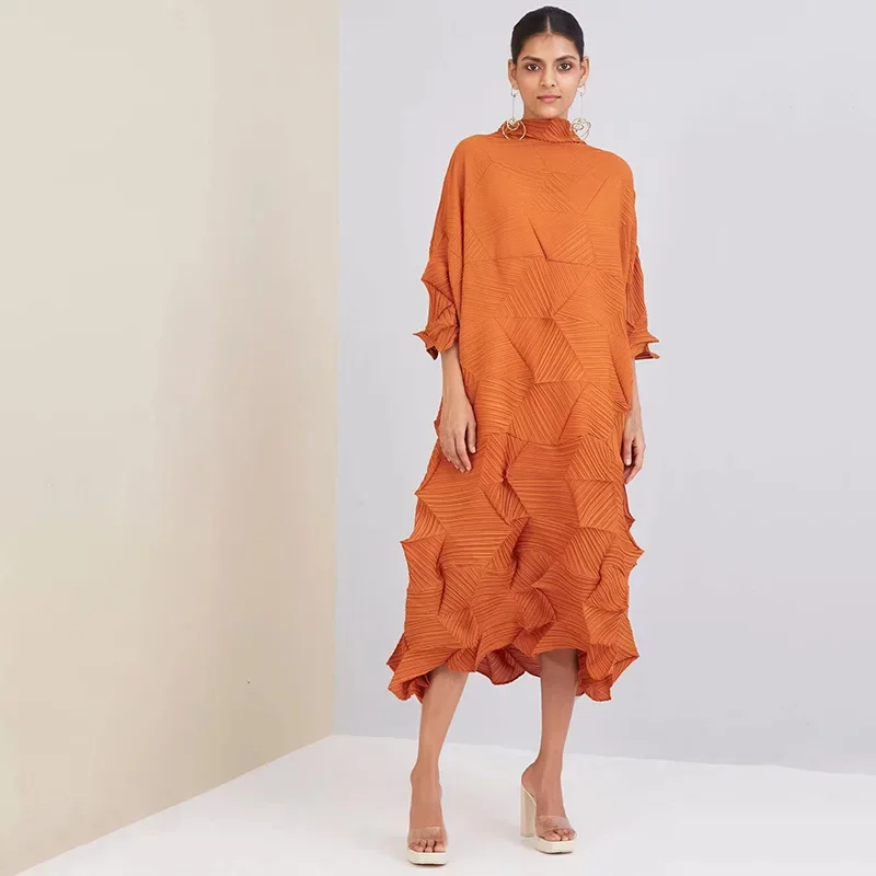 2024 Miyake Wrinkle Original Design Handmade Diamond Wrinkle Fashion Elegant Loose Mid Length Party Dress Spring Best Seller - Image 4