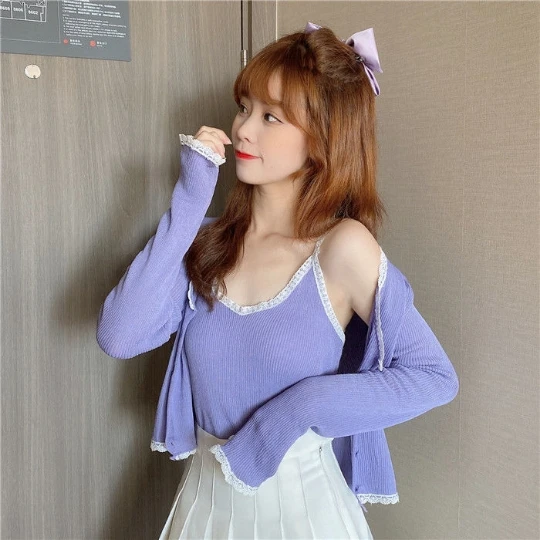 

2PC set Knitting Girl Purple Women Blouse Woman Shirt Sweater Cardigan Knit Tops Tight Women's Sweaters Top Coat Cloth Suétere