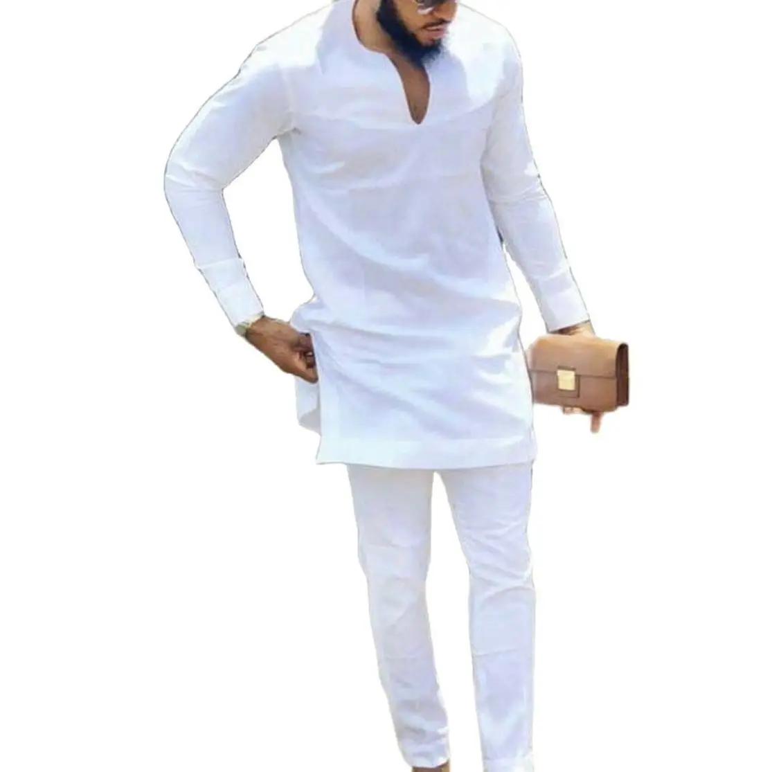 African Clothes Men's Tops With Trousers Nigerian Fashion White Tops+Trousers Male V Neck Shirt+Pant Ramadan Wear