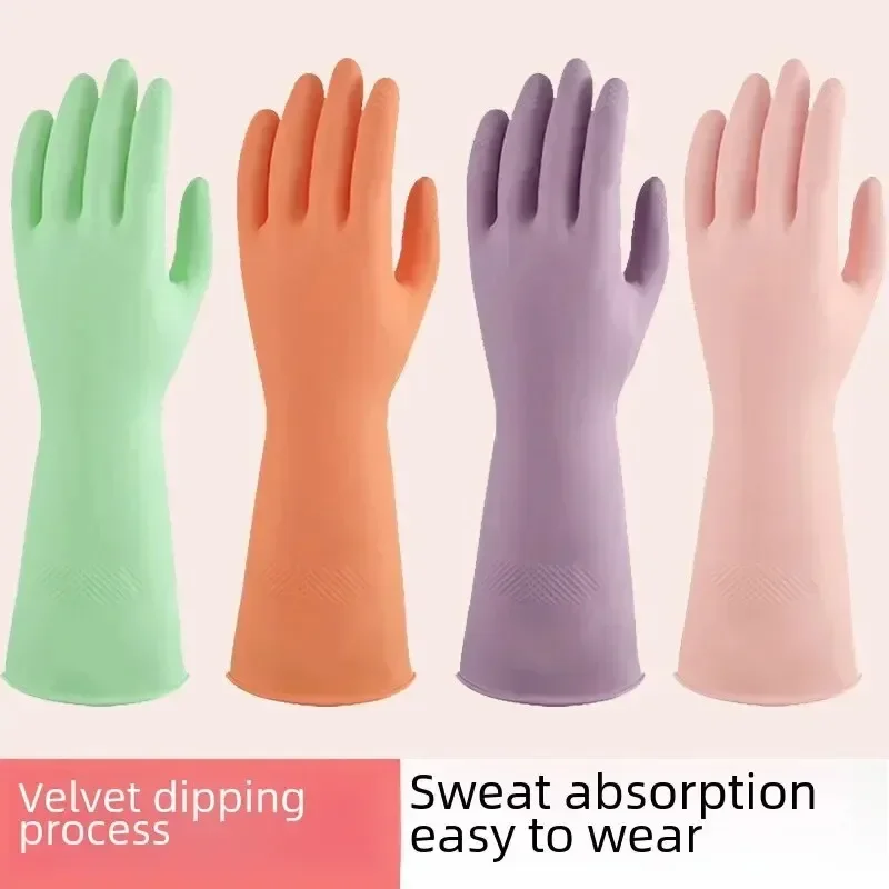 Colorful Rubber Gloves Velvet Material Washing Women Latex Household Dishwashing Gloves Durable Wear Cleaning Solid Color
