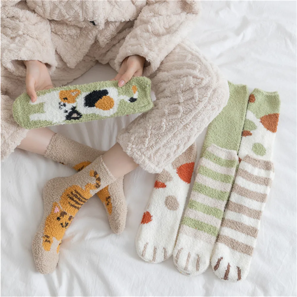 

New Coral Velvet Cat Paws at Home Lady Winter Stockings Green Cat Sexy Sleep Socks Plush Thickened Stripes