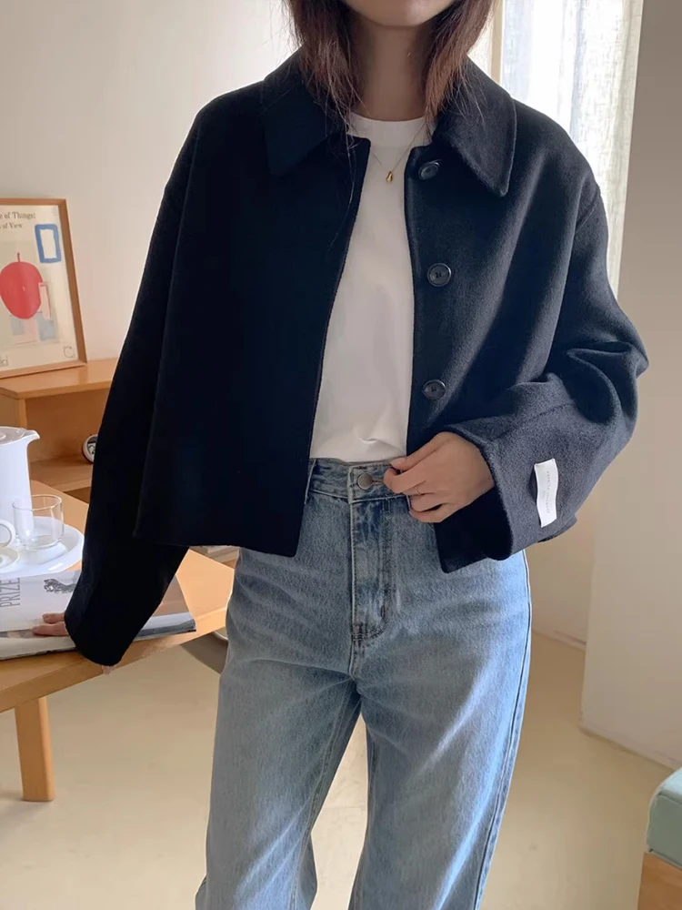 시크한 울 코트 여성용 숏 스타일 턴다운 칼라 싱글 버튼 디자인 한국 버전 순색 출퇴근 패션 2023