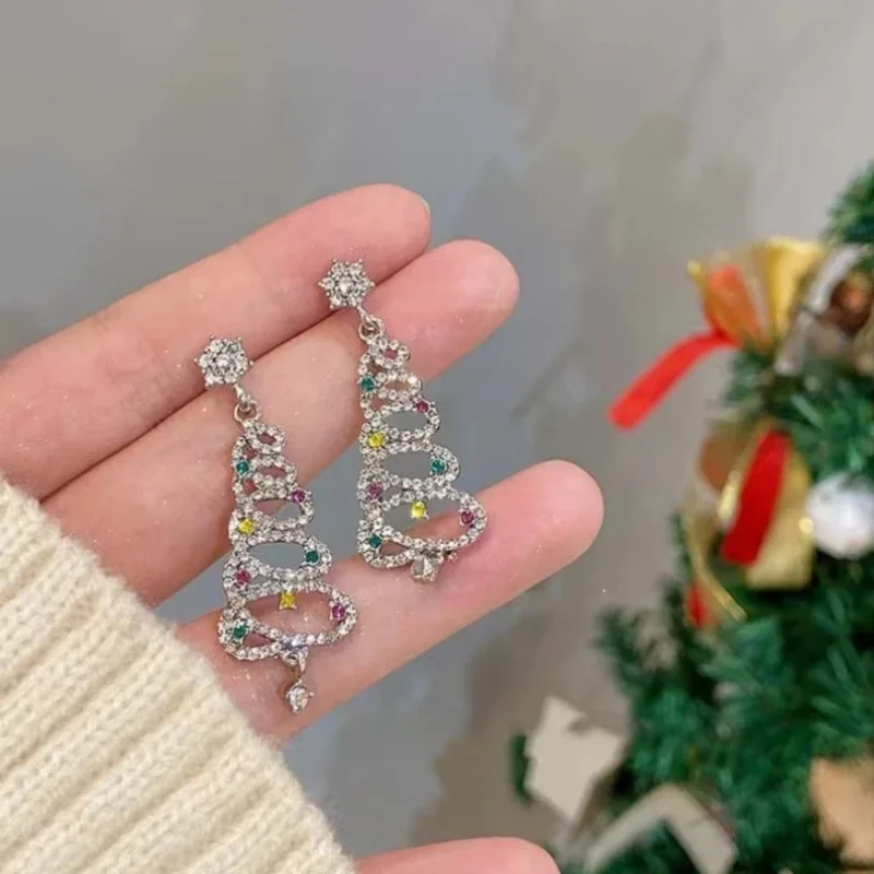 Colorful Shiny Hollow Tassel Christmas Tree Stud Earrings for Women 2025 New Trend Fashion Earring Pretty Girls Jewelry Gifts
