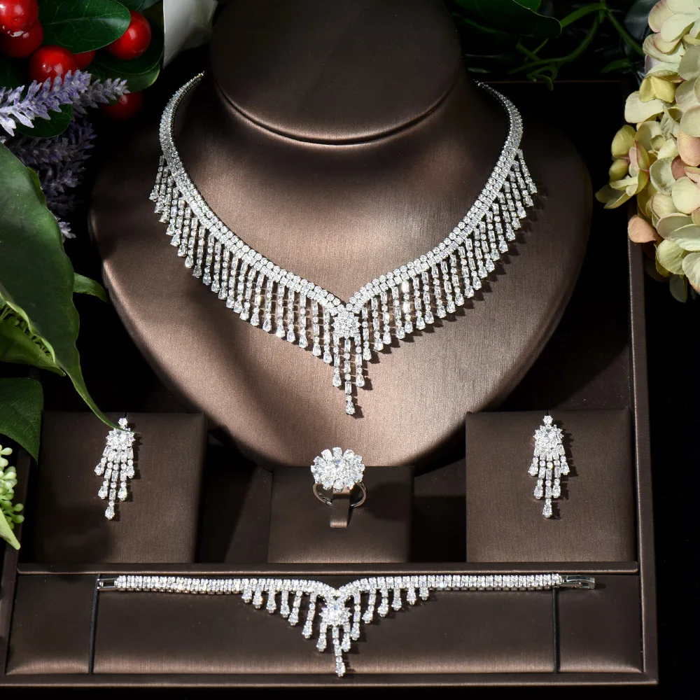 

Fashion Luxury Tassel Long Drop Women Wedding Jewelry Sets AAA Cubic Zirconia Dubai Statement Necklace Earring Set Bijoux N-397