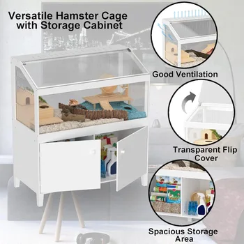 Hamster Cage with Storage Cabinet Small Animal Cage, Easy View Acrylic Panels, Large Habitat for Hedgehog Gerbil & Rat 39.5 3