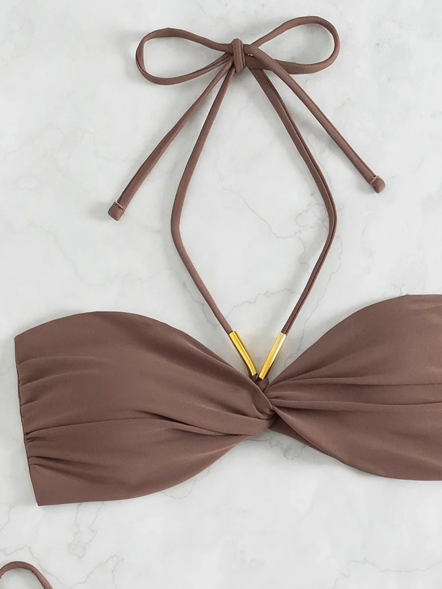 XS - L Halter Wrinkled Bandeau Bikini Female Swimsuit Women Swimwear Two-pieces Bikini Set High Cut Bather Bathing Suit Swim 3