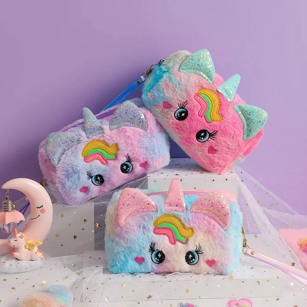 New Fur Plush Unicorn Cosmetic Bag for Women Plush Girl Makeup Bag Female Beauty Case Travel Portable Toiletry Makeup Case Bag 2