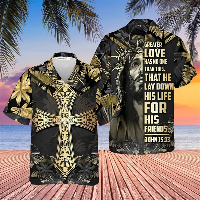 thumbnail image 1 of Jesús toma mi mano Jesús es mi salvador Camisas hawaianas para hombre y mujer Camisas playeras con cruz de león Camisas florales frescas de verano Ropa, 1 of 5