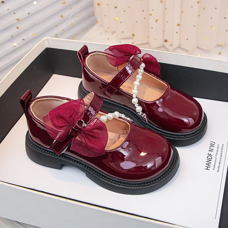 Wine Red Leather Kids Party Shoes with Bowknot