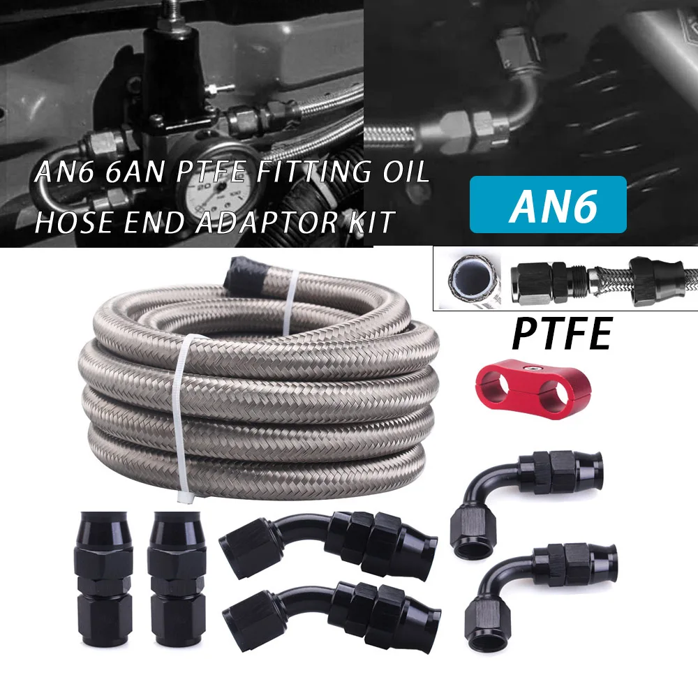 

AN6 Hose 10FT/3M Energy Stainless Steel Braided PTFE E85 Oil Gas Fuel Hose Line 6AN 0/45/90Degree PTFE Reusable PTFE Fitting Kit