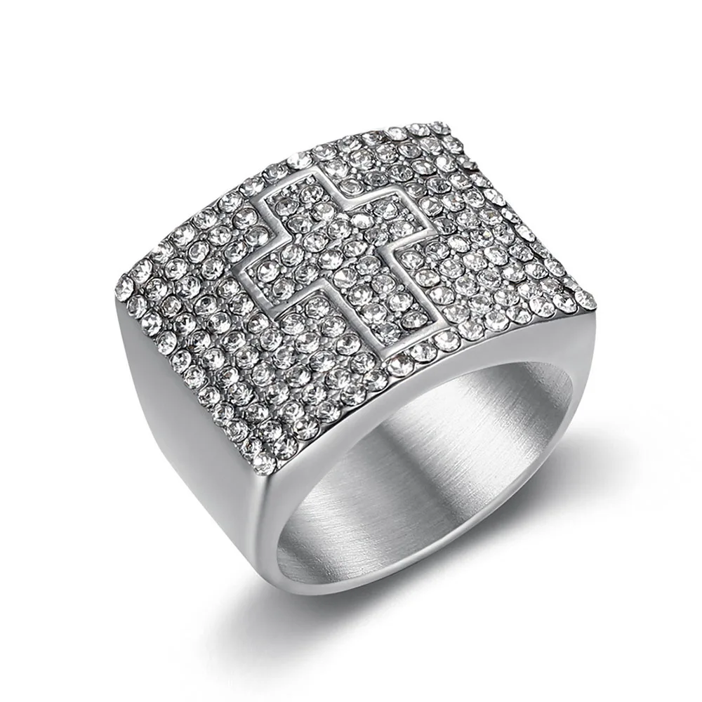 Hip Hop Bling Iced Out Stainless Steel Cross Pattern Finger Rings for Men Rapper Jewelry Gold Silver Color Drop Shipping 2