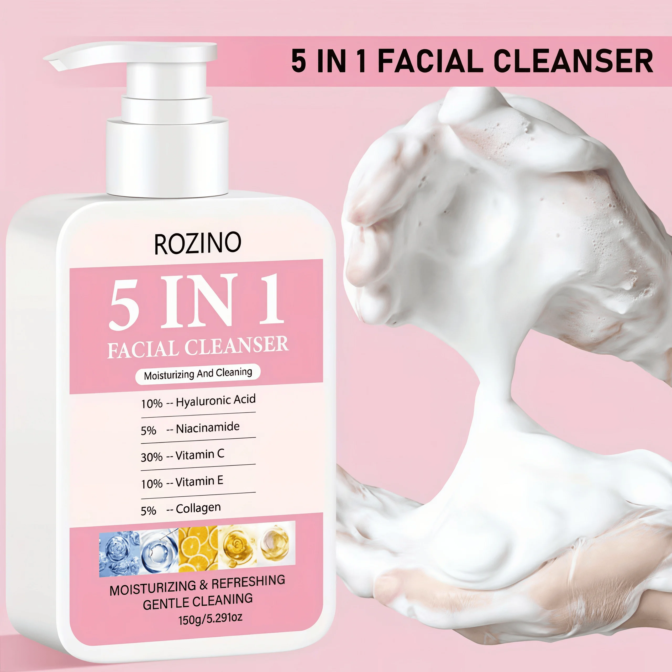 Hydrating and Brightening 5-in-1 Facial Cleanser with Hyaluronic Acid, Niacinamide, Vitamin C, Vitamin E, and Collagen - Deep Cleansing and Moisturizing Formula for Radiant Skin