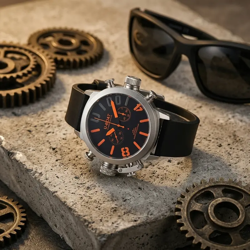 U-BOAT Men's Quartz Chronograph Watch 44mm Stainless Steel Case Silicone Band 1001M Waterproof - Image 4