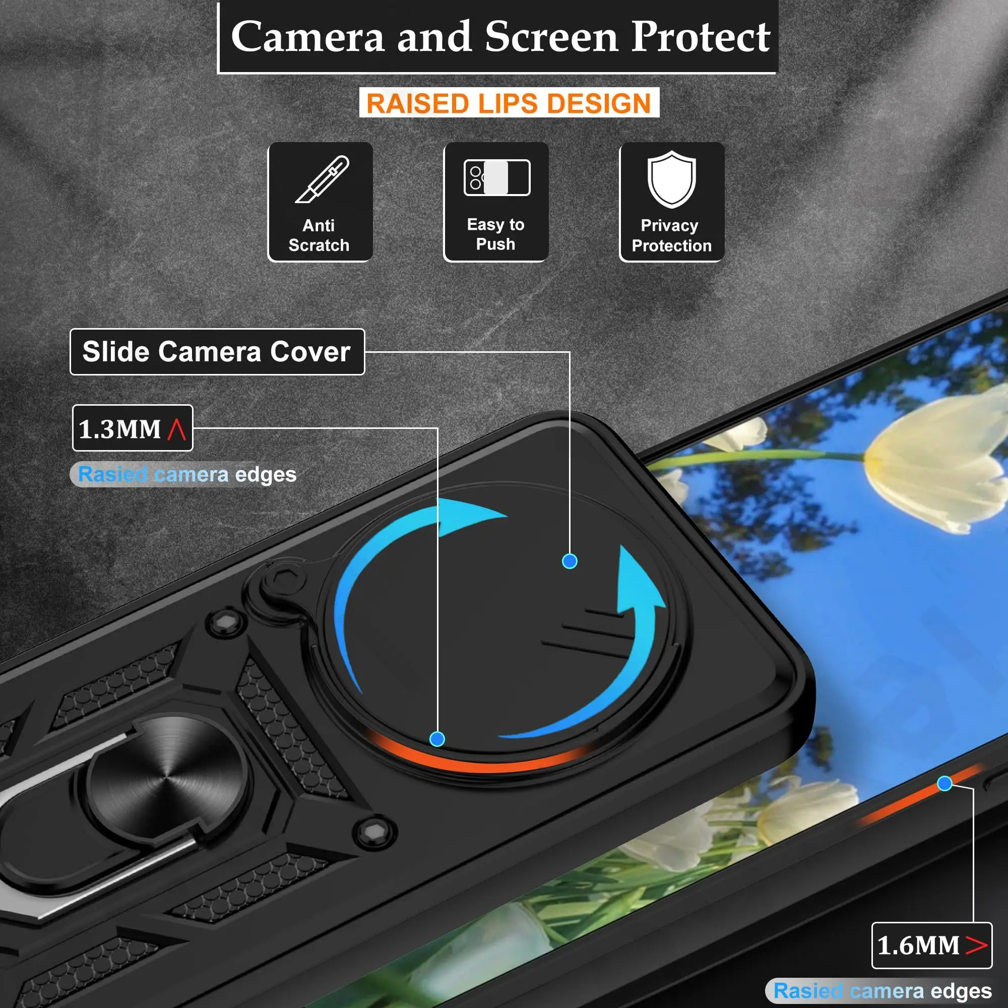 Armor Sliding Camera Cover Case with 360° Support Ring and TPU Protection