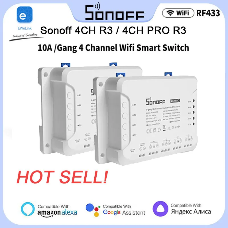 

Смарт-выключатель Sonoff R3/4CH PRO R3, Wi-Fi, 4 клавиши, 433 МГц, RF, дистанционный выключатель света, поддержка 4 устройств, работает с Alexa