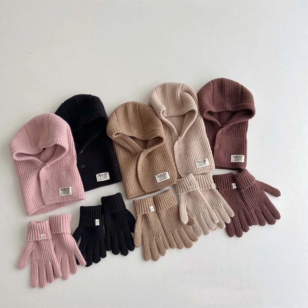 Korea Knitted Kids Hat Scarf Glove Sets With Label Autumn Winter Baby Pullover Hat Children's Ear Neck Hand Protection Warm Hat thickening 6pcs set kids boy girl safety knee elbow pad sets children cycling skate bicycle kneepad protection safety guard kit