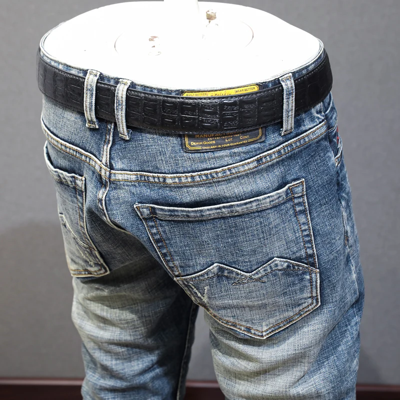 Fashion Designer Men Jeans High Quality Retro Blue Elastic Slim Patched Ripped Jeans Men Embroidery Vintage Denim Pants Hombre