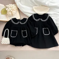 2024 Sister Clothes Spring New Korean Baby Girl's Dresses One Piece Clothes Black Baby Newborns Rompers Long-Sleeved Jumpsuits 2