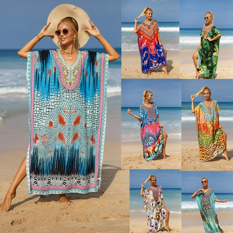 10 Color Beach Kaftan Long Dress for Woman Summer Bathing Suit Cover Up Green National Dresses Split Outfits Bikini Coverup 2024