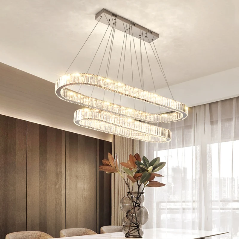 

Modern Crystal Chandelier Living Room Designer Dining Room Long Strip Crystal Light Chrome Oval Chandelier Island LED Light