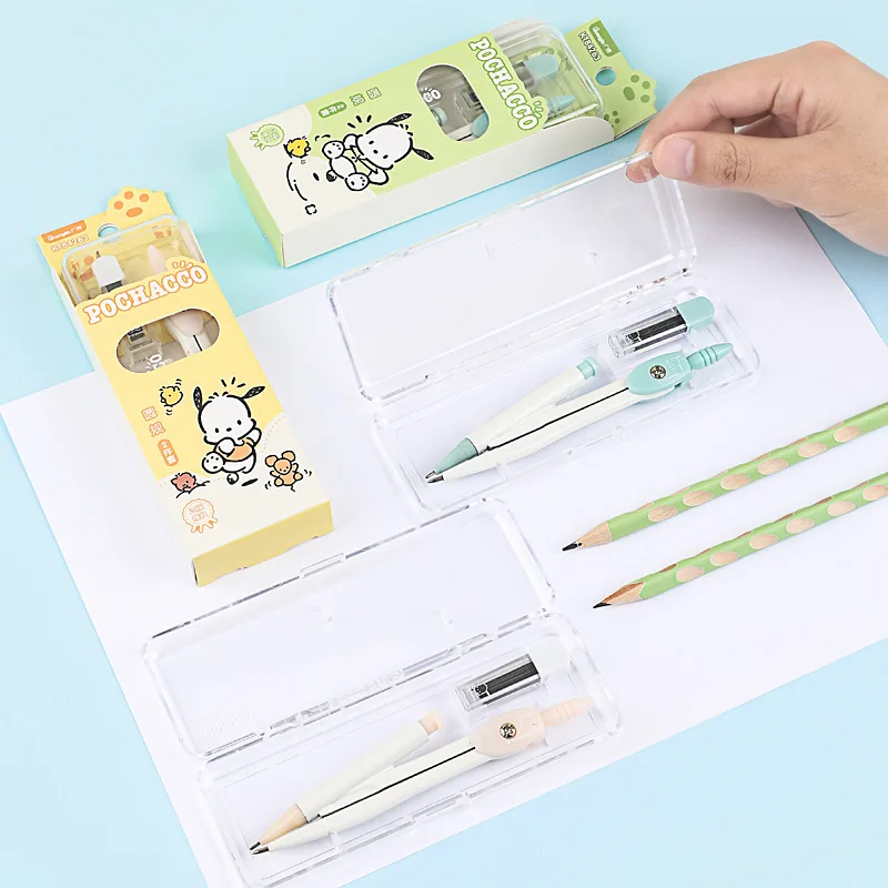 New Sanrio Anime Pachacco Cartoon Compass Ruler Children's Math Drawing Tool Set Learning Peripheral Stationery
