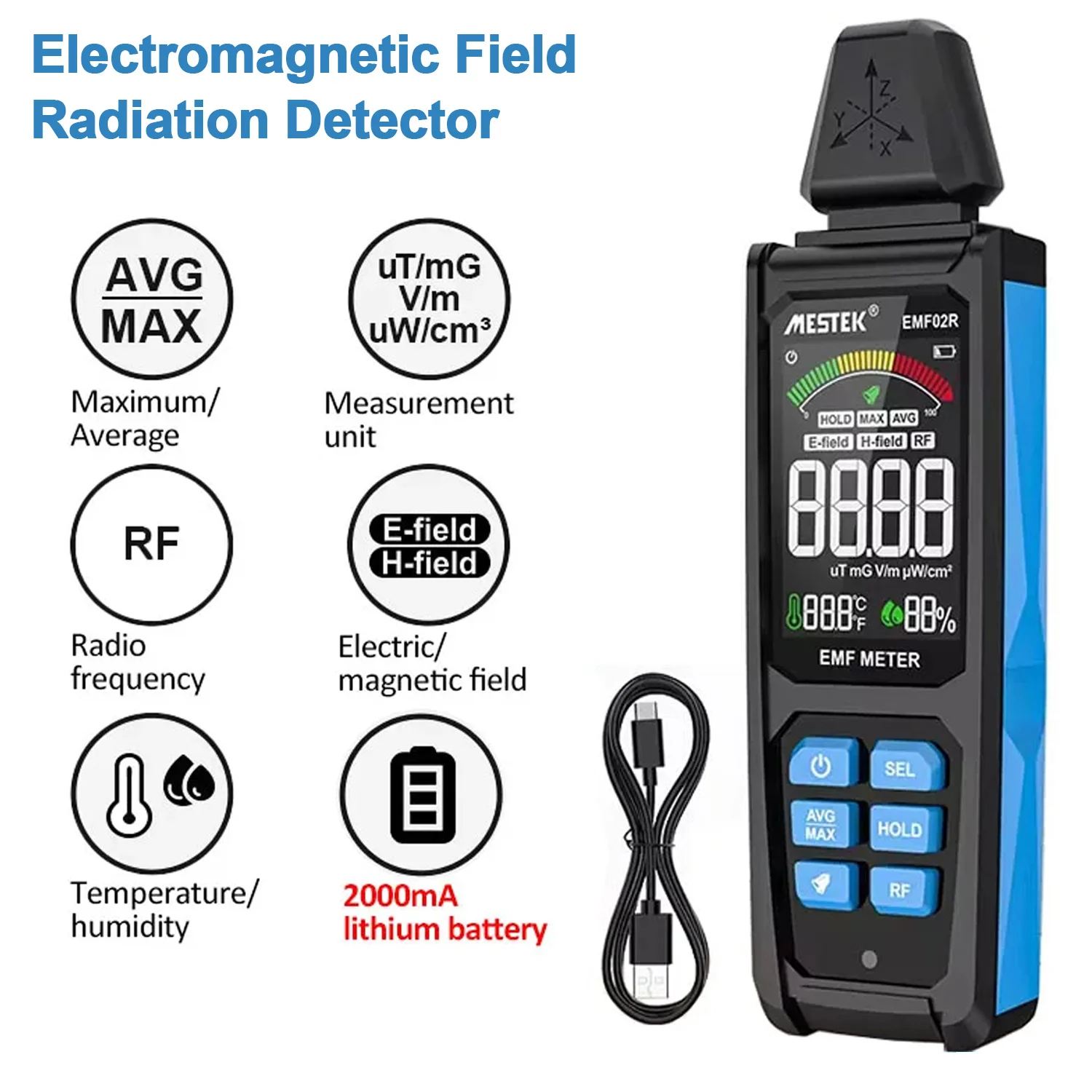 EMF02R EMF Meter 30MHz~8Ghz Electromagnetic Field Radiation Detector Ambient Temp Humidity Detector Rachargeable Radiometer radiation detector emf meter tester