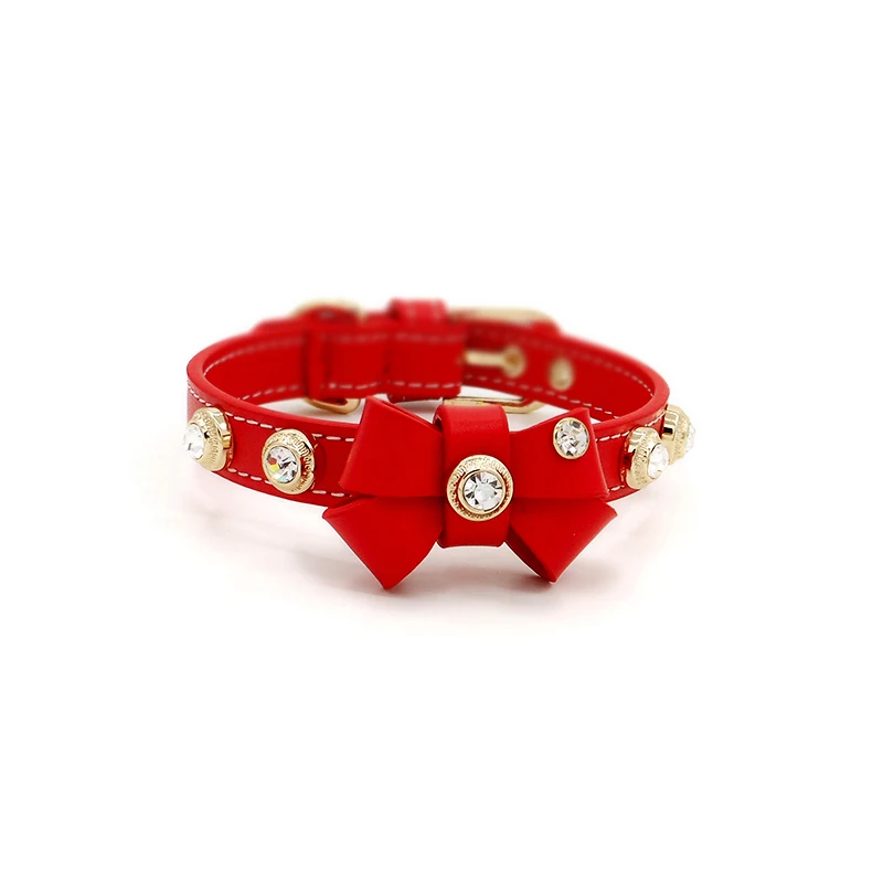 thumbnail image 1 of Collar con pajarita para perro y gato de alta calidad, collar de moda con cristales brillantes y diamantes de imitación, collar de cuero genuino hecho a mano para mascotas, 1 of 5