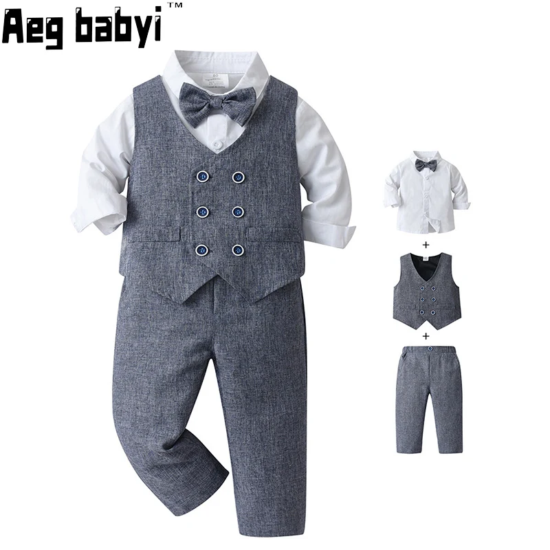 

Baby Boy Suit Set Long-Sleeved Shirt Bowtie Clothes + Trousers Kids Wedding Birthday Party Costume Children Gentleman Suit 1-6Y