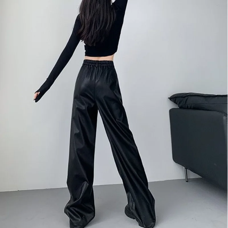 Women's Autumn Winter Korean New High Waist PU Leather Pants Fashion Windproof Warm Button Zipper Loose Versatile Wide Leg Pants
