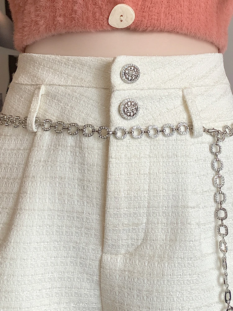 QOERLIN Sequins Belt High Waist Office Ladies Black Beige Wide Leg Loose Casual Shorts Women 2024 Zipper Woolen Shorts Korean