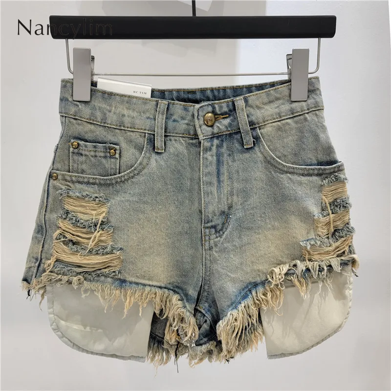 American Hot Girl Style Street Ripped Denim Shorts Female 2024 Summer High Waist Sexy Tassel Frayed Edge Hot Pants for Women