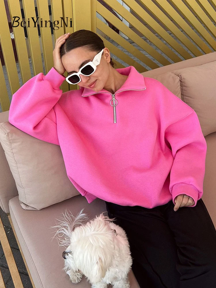 

Beiyingni Women Turndown Collar Oversized Hoodies Zipper Y2K BF Sweatshirt Female Casual Warm Loose Autumn Winter Pullover Tops