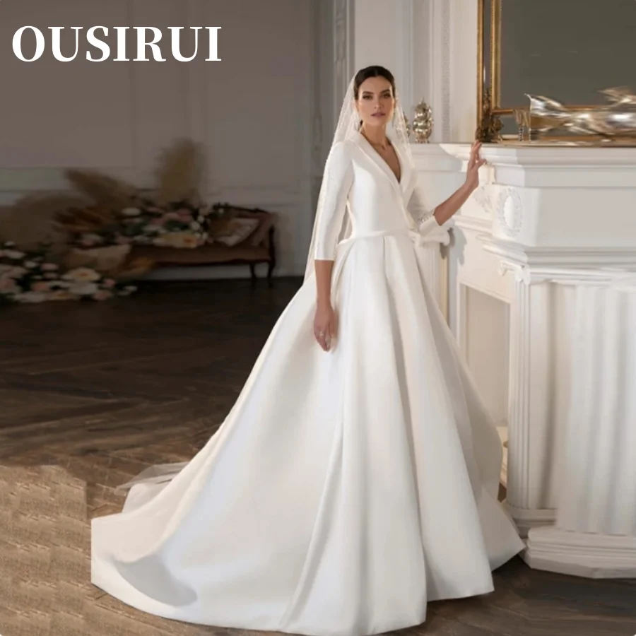 

2024 Simple V Neck Three Quarter Sleeves Ball Gown Modest Muslim Satin Wedding Dress Bridal Robe Mariage France Vestido De Novia