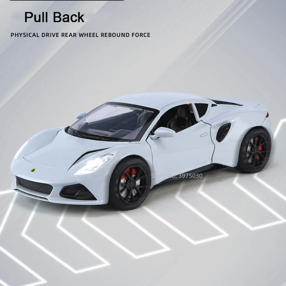 1:24 Lotus Emira Sportcar Miniature Car Model Toy Alloy Diecast Vehicles Doors Opened Sound Light Pull Back Collect Toys for Boy 3