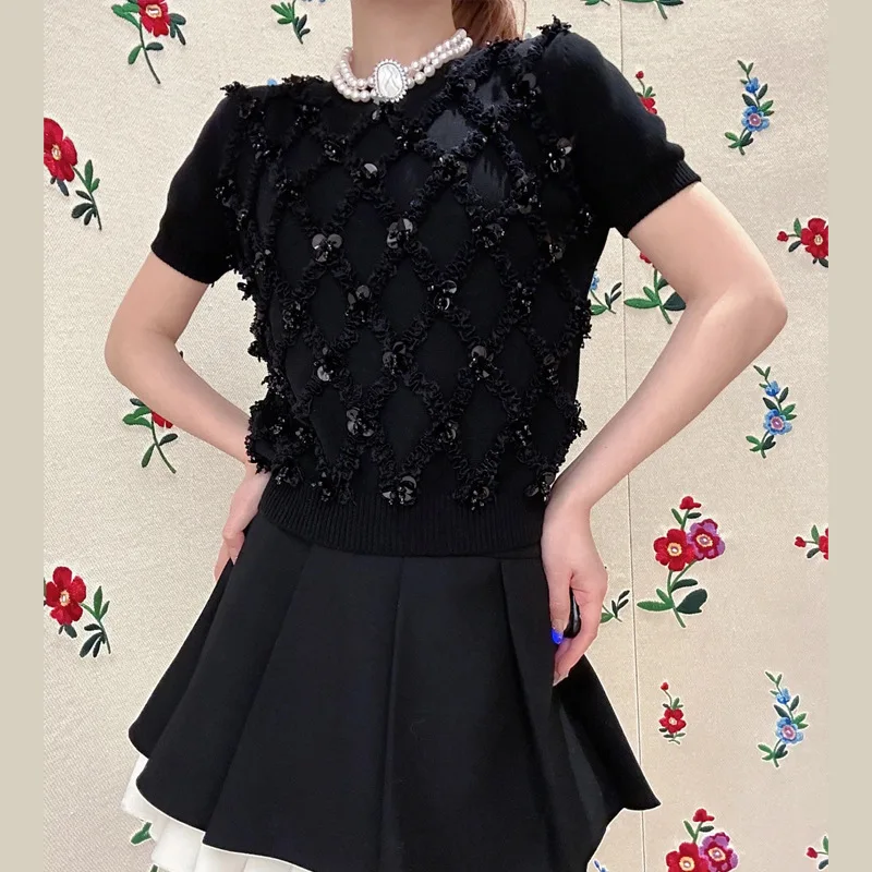 

Lace Diamond Sequin Studded Flower Knitted Round Neck Short Sleeve Top Tees Women Spring/summer New Black White Loose T-Shirt