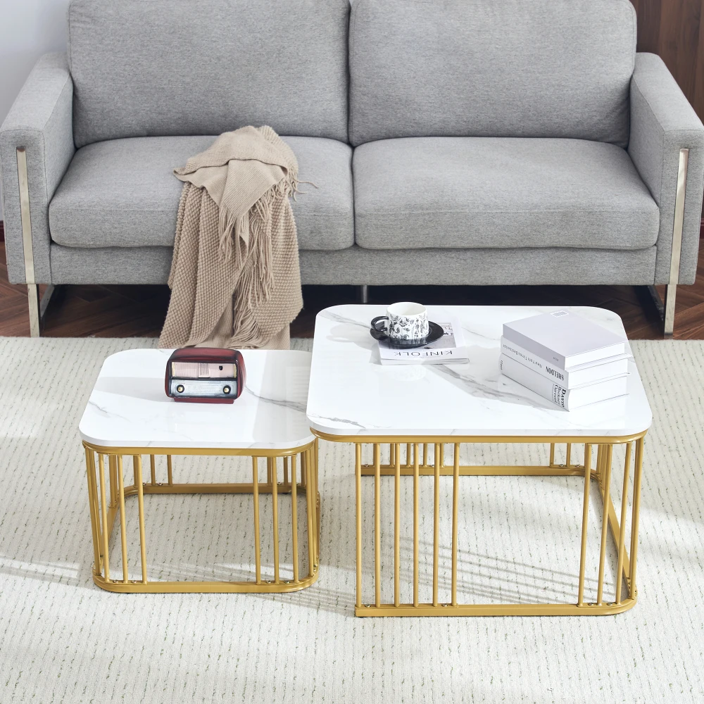 2 Sets quadratische Couchtische mit Hochglanzmarmoroptik, Schiebetische mit goldenen Beinen, 70 x 70 x 45 cm und 50 x 50 x 36,5 cm, vielseitig einsetzbar – Detail 10