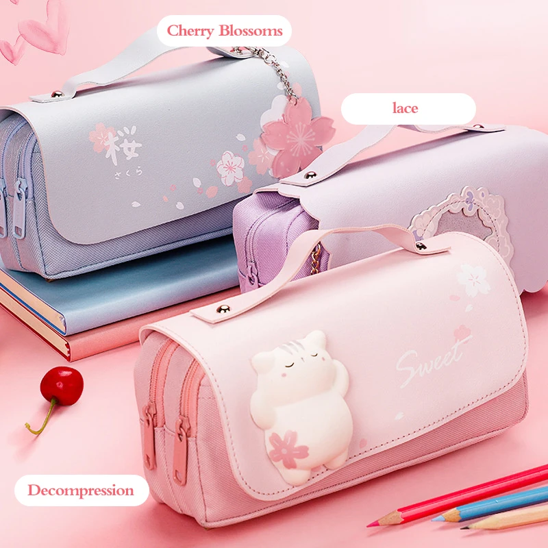 

Многофункциональный двухслойный чехол для ручек большой емкости с милым котом для снятия стресса портативные канцелярские принадлежности для хранения школьные принадлежности