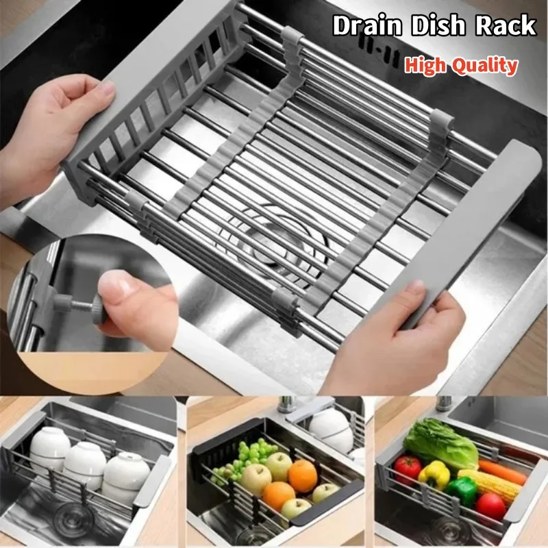 PEAKXCAN Escurridor retráctil de platos de cocina de acero inoxidable,  cesta de drenaje de fregadero, estante de frutas y platos, cesta de lavado  de